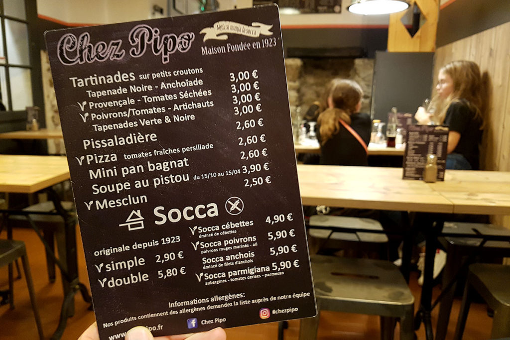 La carte des Soccas chez Pipo