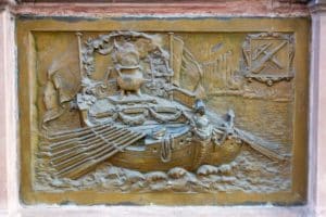 Gravure de la hirsebreifahrt sur une fontaine de Strasbourg