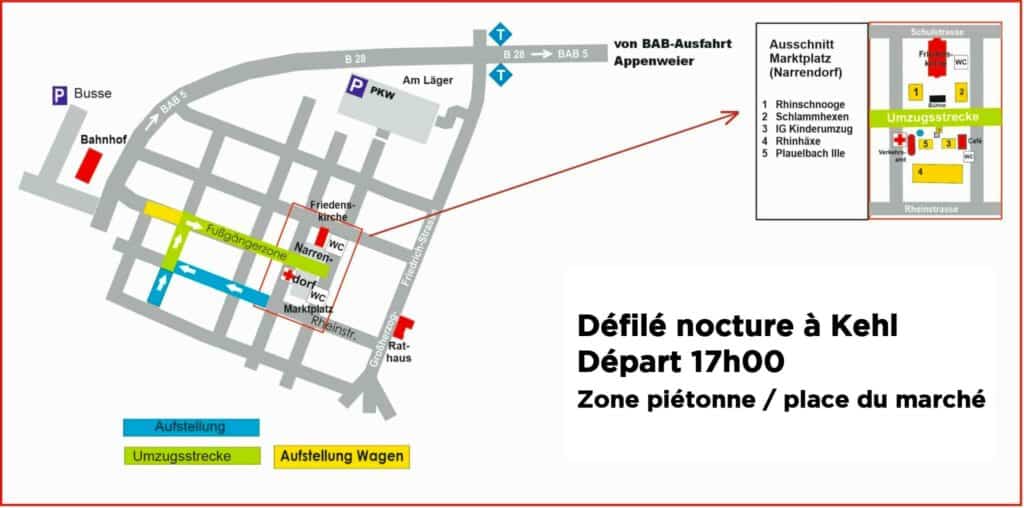 Parcours du défilé nocturne du carnaval de Kehl 2025