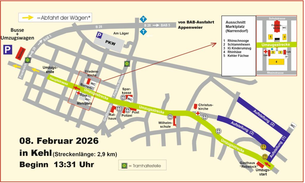 Plan de la grande parade de carnaval 2026 à Kehl le dimanche