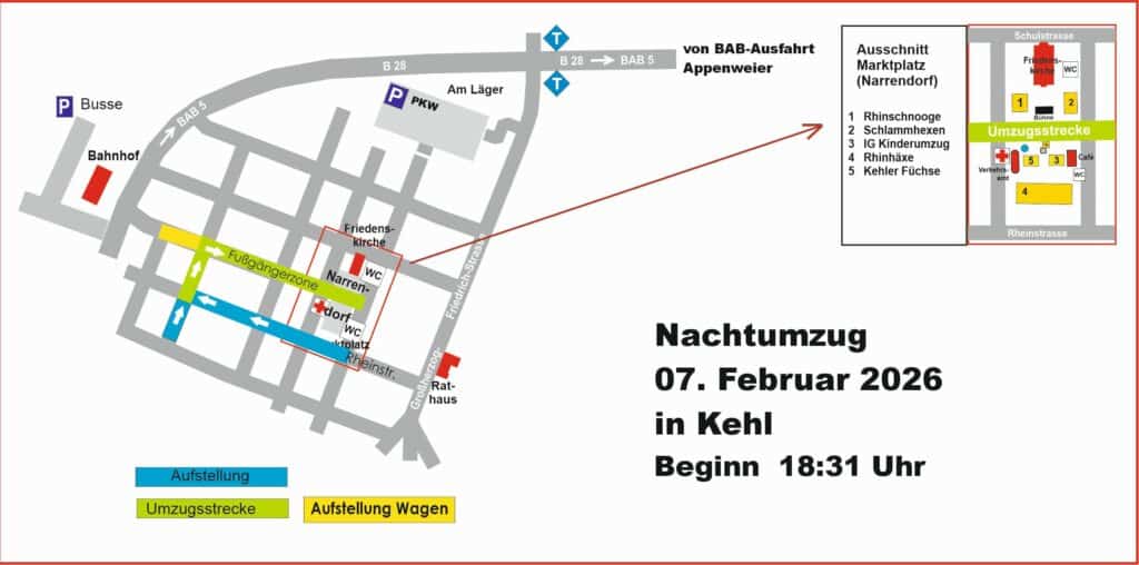 Parcours du défilé nocturne du carnaval de Kehl 2026